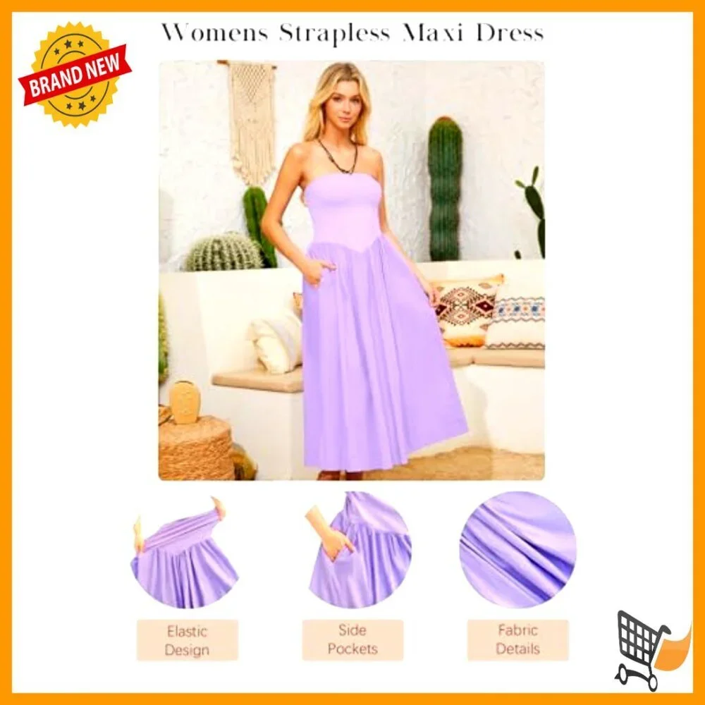 Strapless Maxi Dress Summer Casual Flowy A-Line Sundress Pull On